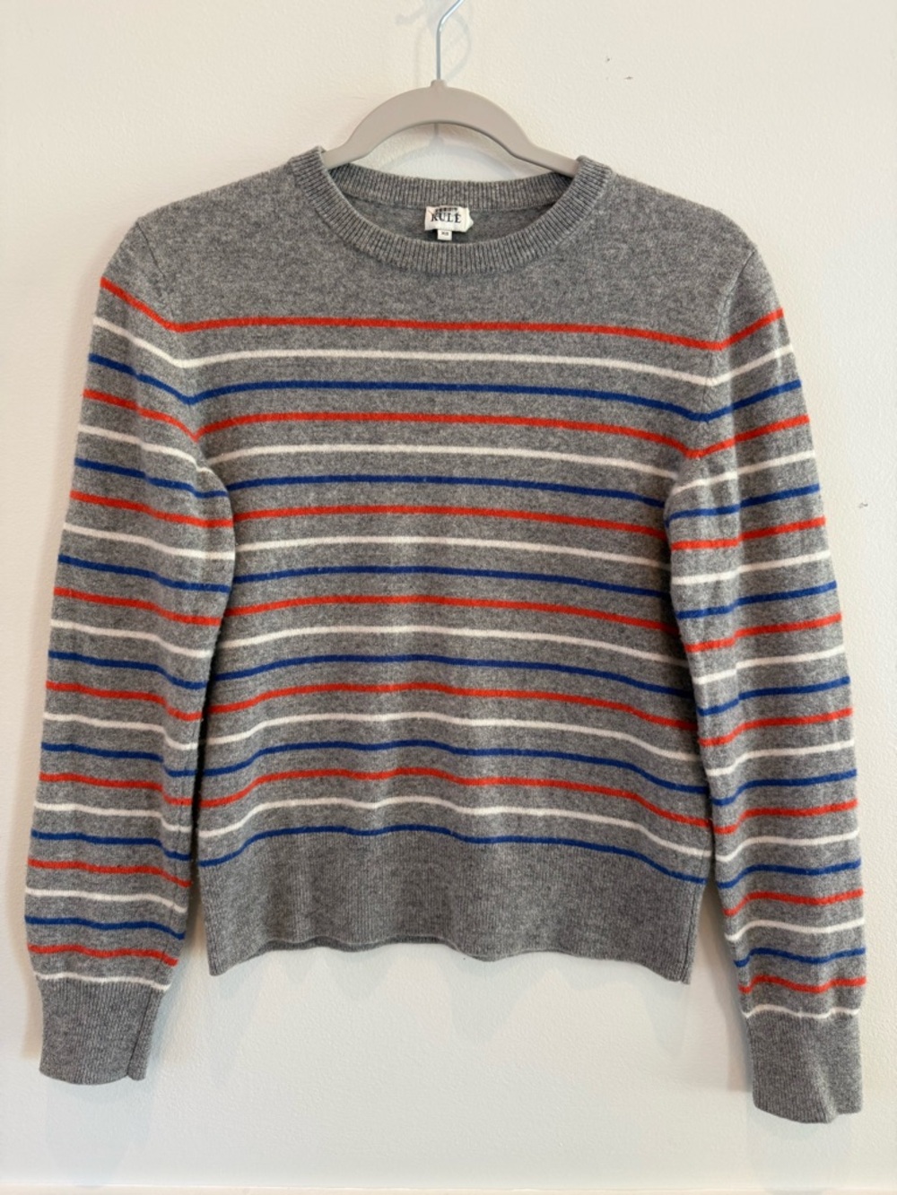 KULE 100% Cashmere Women’s Gray Crewneck Sweater with Red, Blue & White Stripes